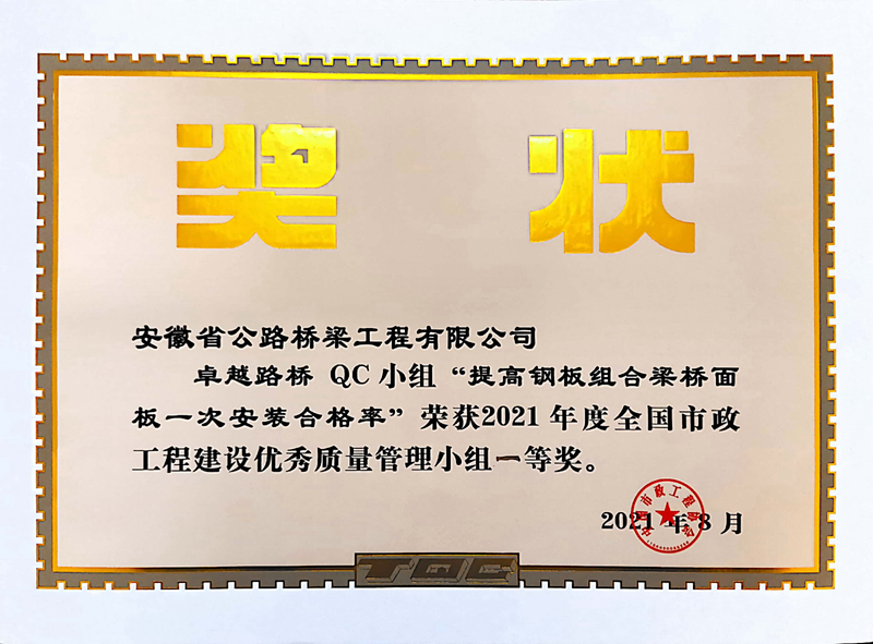 4卓越金年会QC小组《提高钢板组合梁桥面板一安装合格率》2021年度全国市政工程建设优秀质量管理小组一等奖